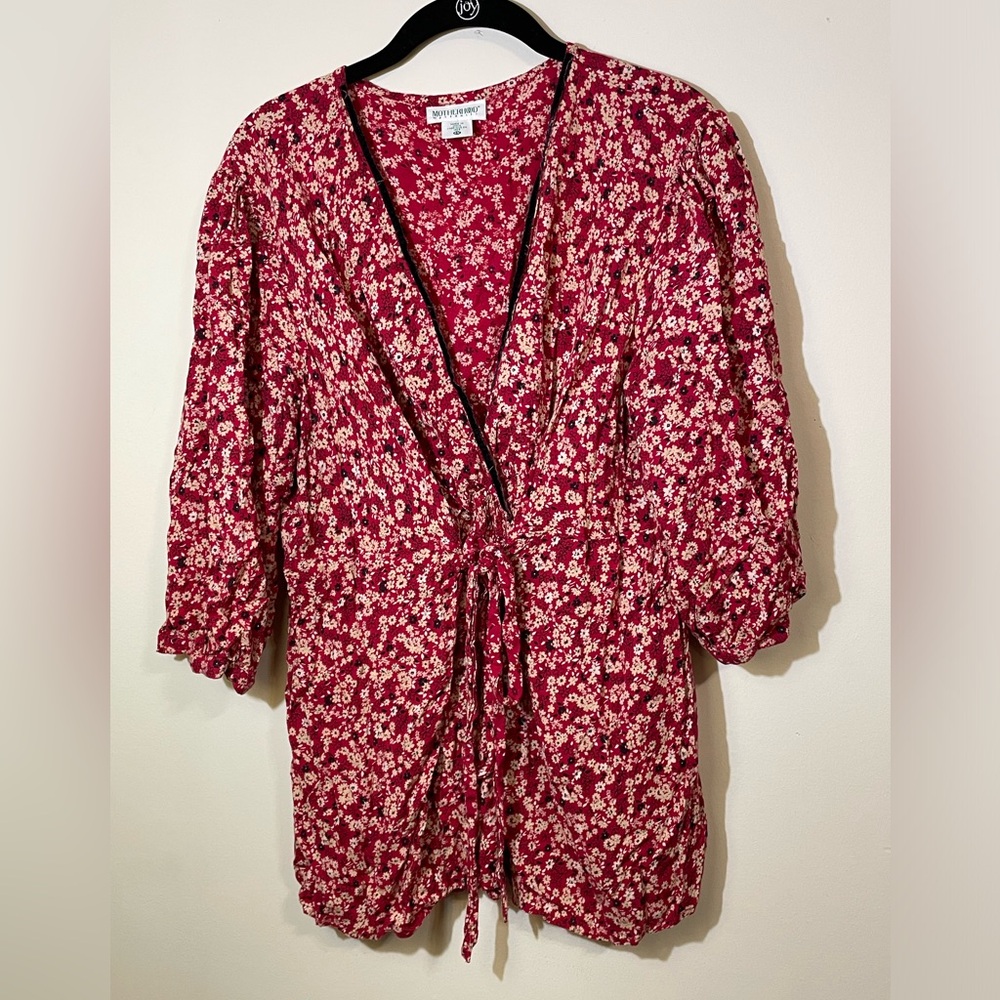Motherhood Maternity Blouse Top Women’s 2X Red White Floral V Neck waist tie